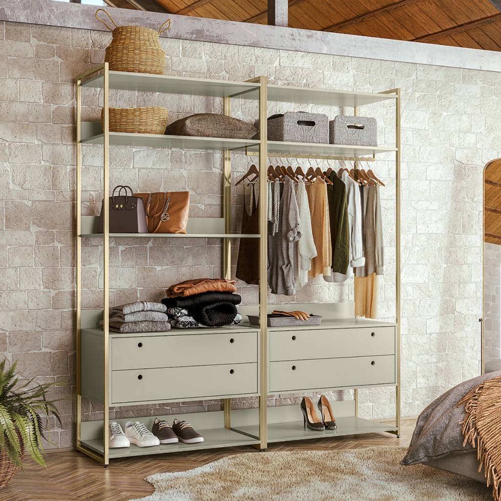 Guarda Roupa Modulado Closet Industrial Gavetas - Prateleiras- Estrutura Metálica- Off White- Olivar