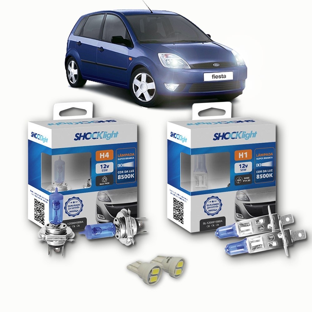 KIT lâmpadas Super brancas + LED T10 Ford FIESTA FAROL SIMPLES 2000/2002 Farol H4 + milhas H1 8500k
