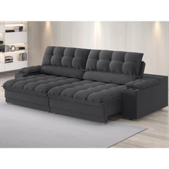 Sofá com Porta Copos e Carregador USB Ret Rec Luke 2,10m Linho Soft Grafite - NETSOFAS