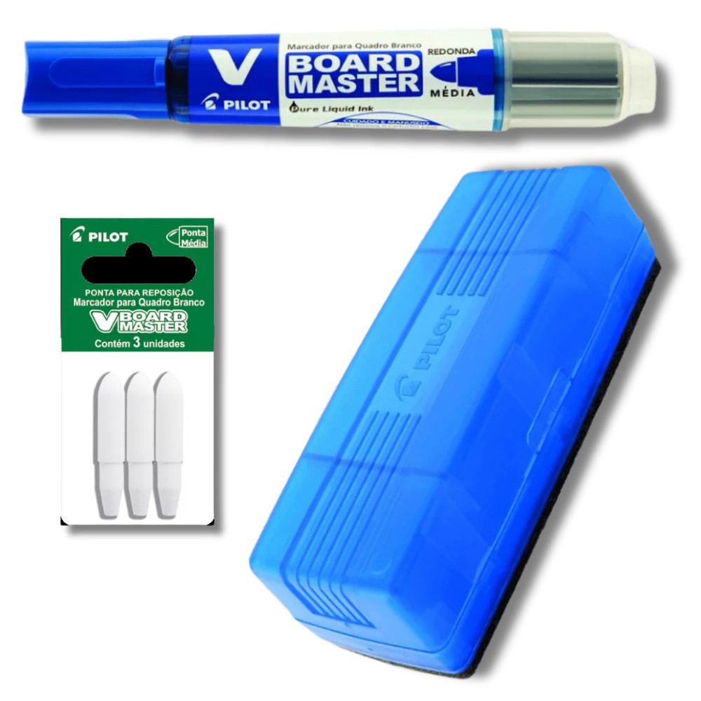 Kit Marcador Quadro Branco Recarregável + Apagador de Quadro Branco + Ponta para Marcador PILOT Azul