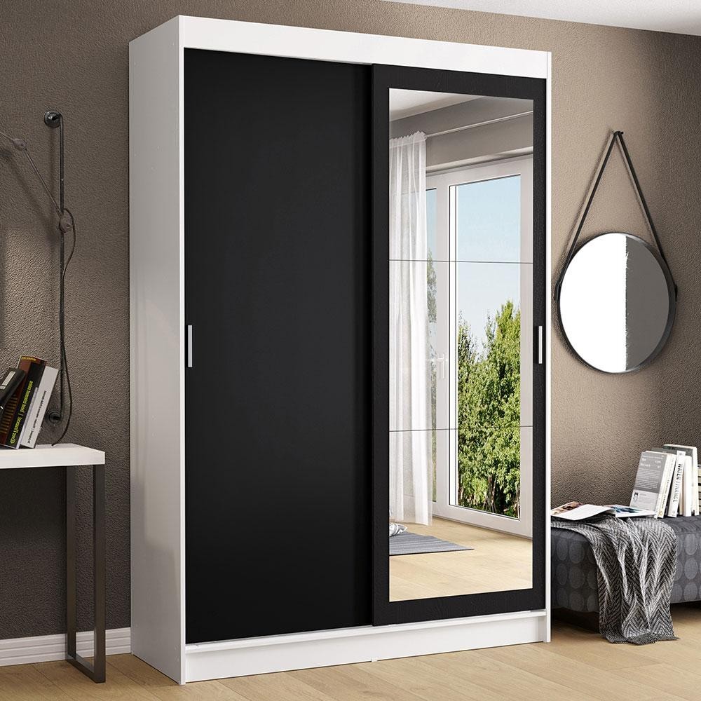 Guarda-Roupa Solteiro Madesa Tokio 2 Portas de Correr com Espelho 2 Gavetas - Branco/Preto em Oferta na Shopee