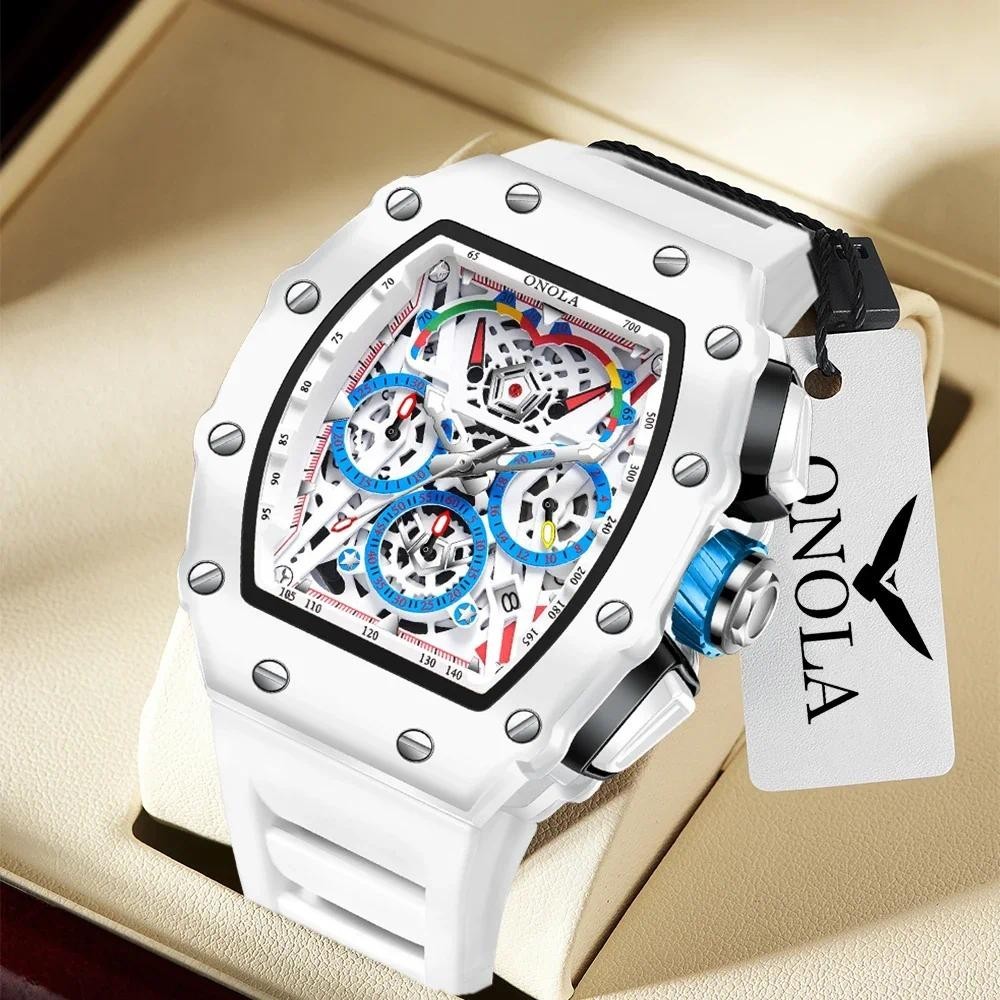 Relógio De Luxo ONOLA Moda Masculina Casual Multifuncional Fita De Silicone À Prova D'água Quartzo Branco
