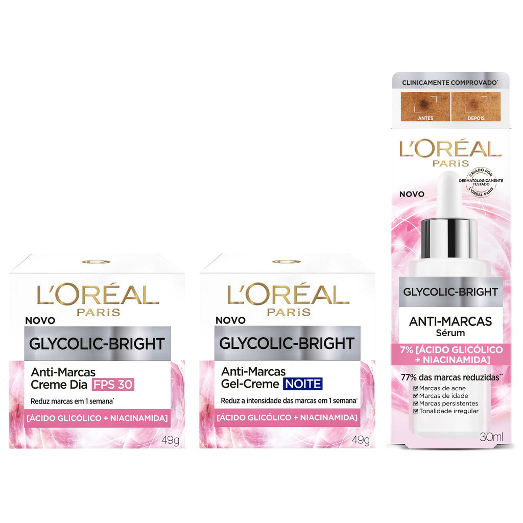 KIT LORÉAL PARIS ANTI MARCAS GLYCOLIC BRIGHT SÉRUM + DIA FPS30 + NOITE em Oferta na Shopee