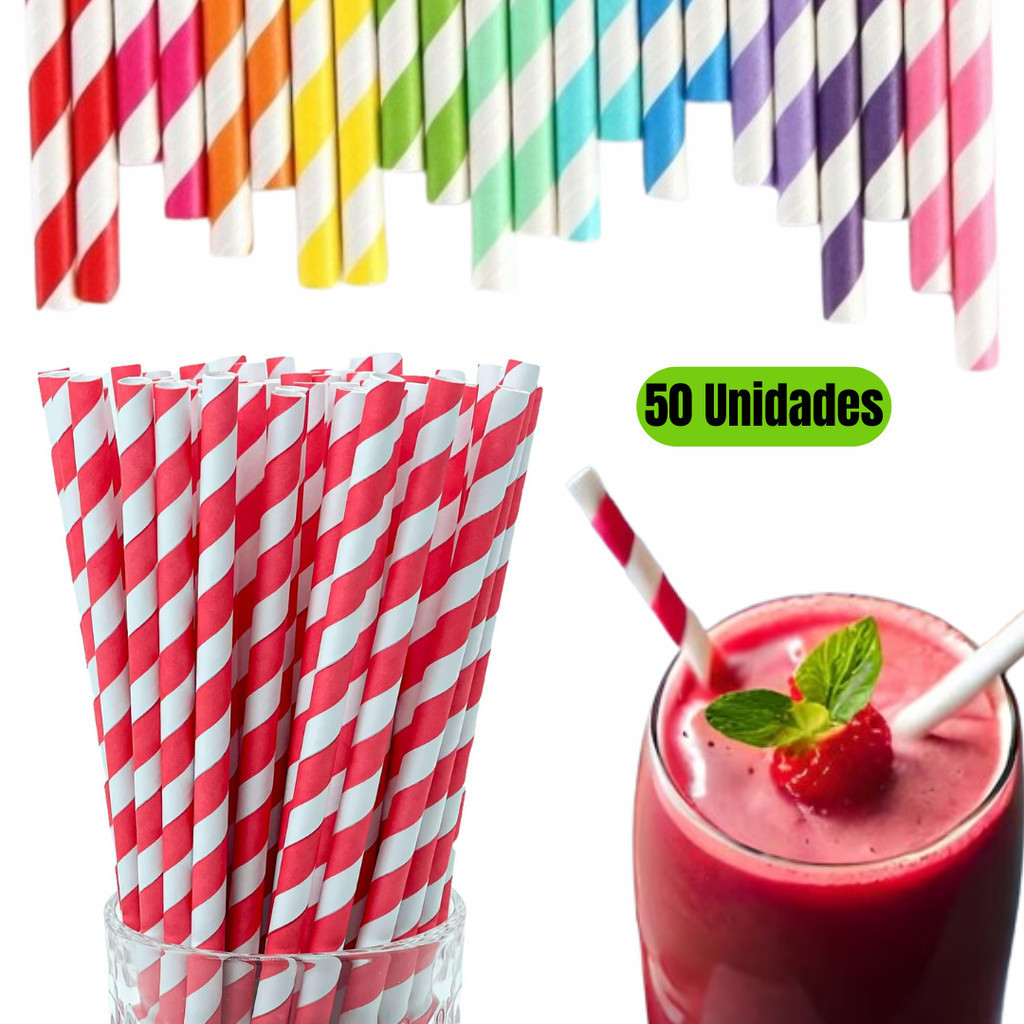 50 Canudos de Papel Listrados para Drinks e Bebidas Descartável 20CM