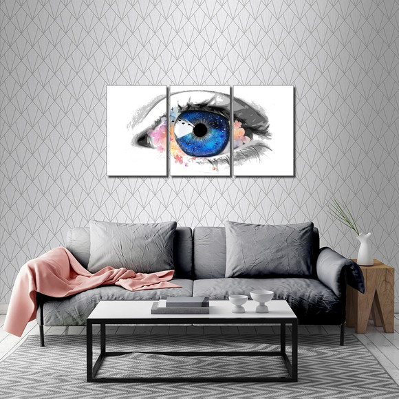 Quadros Decorativo Mosaico 90X50 3 peças Mdf Alta Resolução Full HD Olho Azul