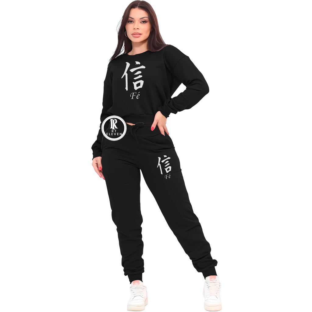 Conjunto Moletom Feminino Fé Japones Escrita Gola Careca Blusa De Frio Blusa + Calça Moletom Diversas Cores Envio Rápido