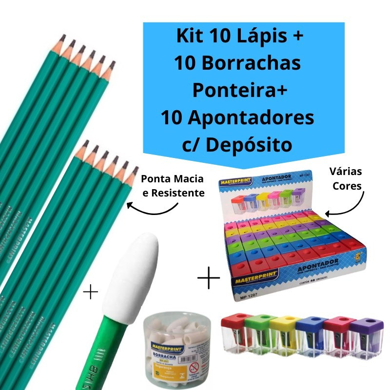 Kit 10 lápis de Escrever Nº2 Preto + 10 Borracha Ponteira Branca + 10 Apontador com Depósito Escola Escolar Estudo em Oferta na Shopee