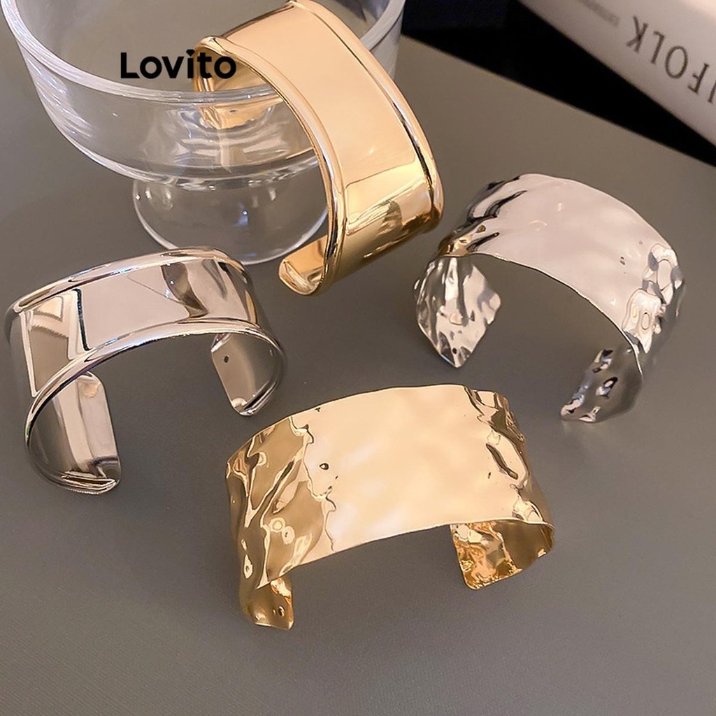 Lovito Elegante pulseira larga lisa com pregas irregulares pulseira de superfície brilhante para mulheres LFA70009 - Fashion Accessories