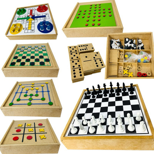 Jogo Tabuleiro Educativo Madeira Clássicos Xadrez Dama Jogo da Velha Ludo Trilha Dominó Resta 1