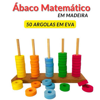 Ábaco Matemático Escolar em Madeira c/ 50 Argolas Coloridas em Eva Brinquedo Educativo Pedagógico Lúdico