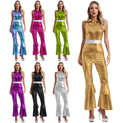 MSemis Feminino Brilhante Metálico 70s Discoteca Traje Lapela Gola Sem Mangas Cintura Alta Queimado Macacão Dança Cantor
