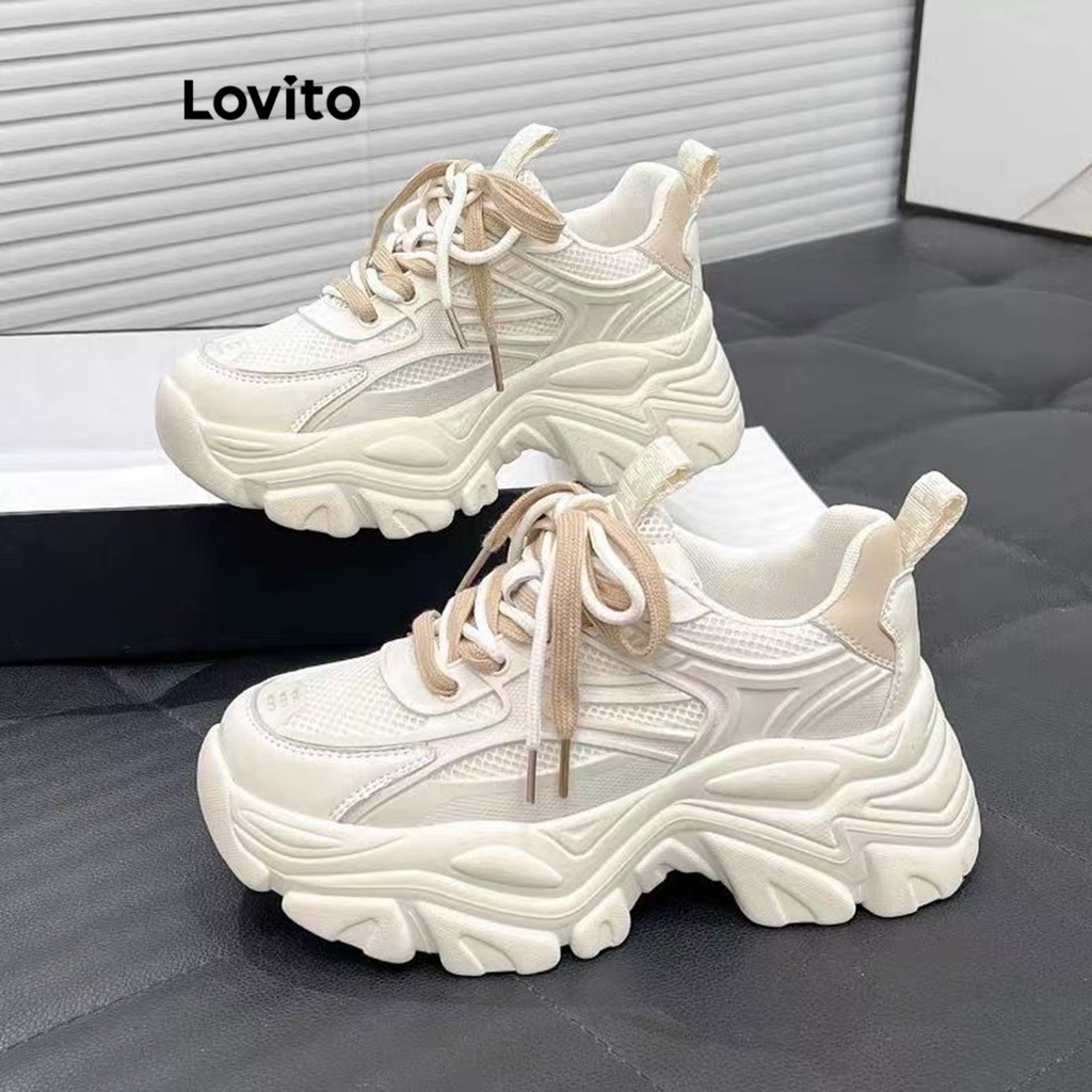 Lovito Tênis Formal Liso Contraste Malha Pai Sapatos Tênis De Sola Grossa Para Mulheres LFA22012 - Women Shoes