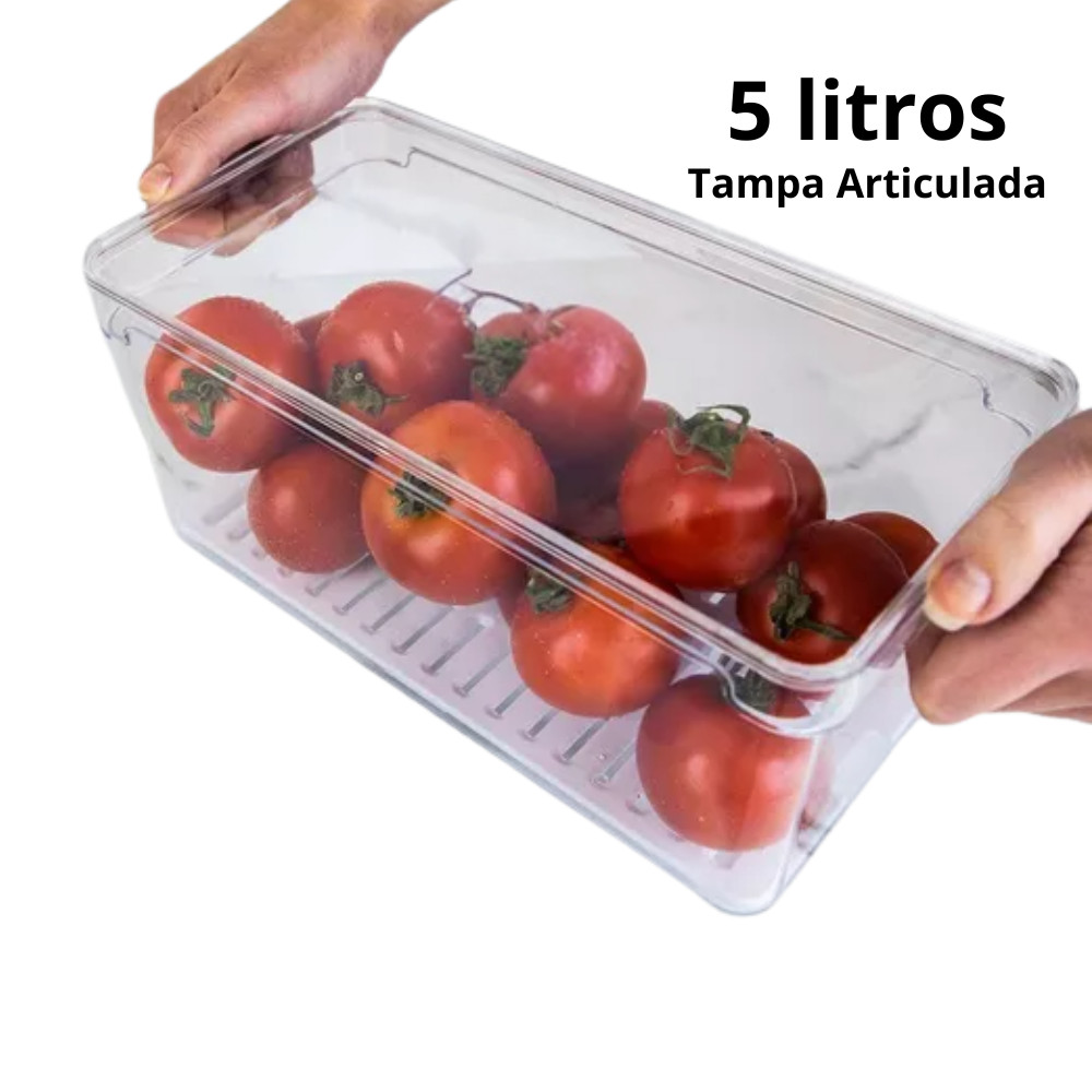 Organizador de Geladeira Grande 5L Bandeja Drenagem  Articulada Multiuso Alimentos Frescos Verduras