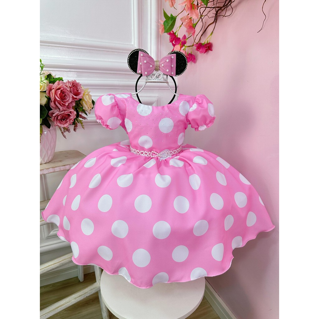 Vestido Infantil Minnie Rosa Bolinha Branca Poá Festa Menina 1 a 4 Anos em Oferta na Shopee