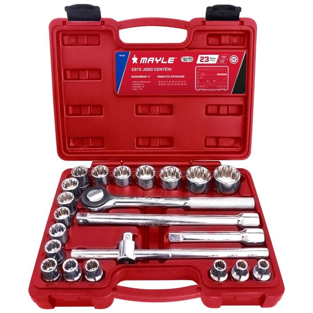Jogo de Soquete Estriado Encaixe 1/2 Pol de 8 à 32 MM com 23 Peças MAYLE em Oferta na Shopee