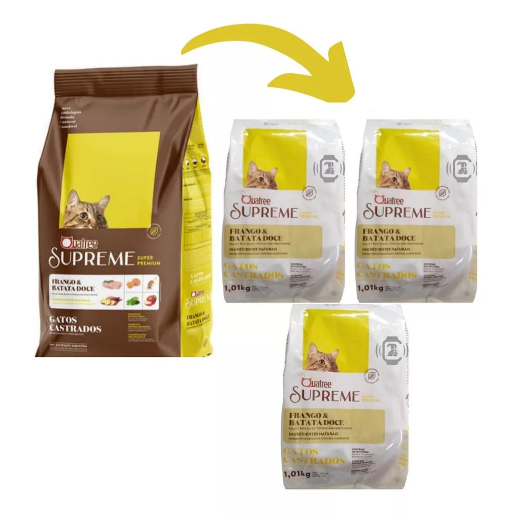 Kit C/ 3 Ração Quatree Supreme Gatos Castrados Frango 1Kg em Oferta na Shopee