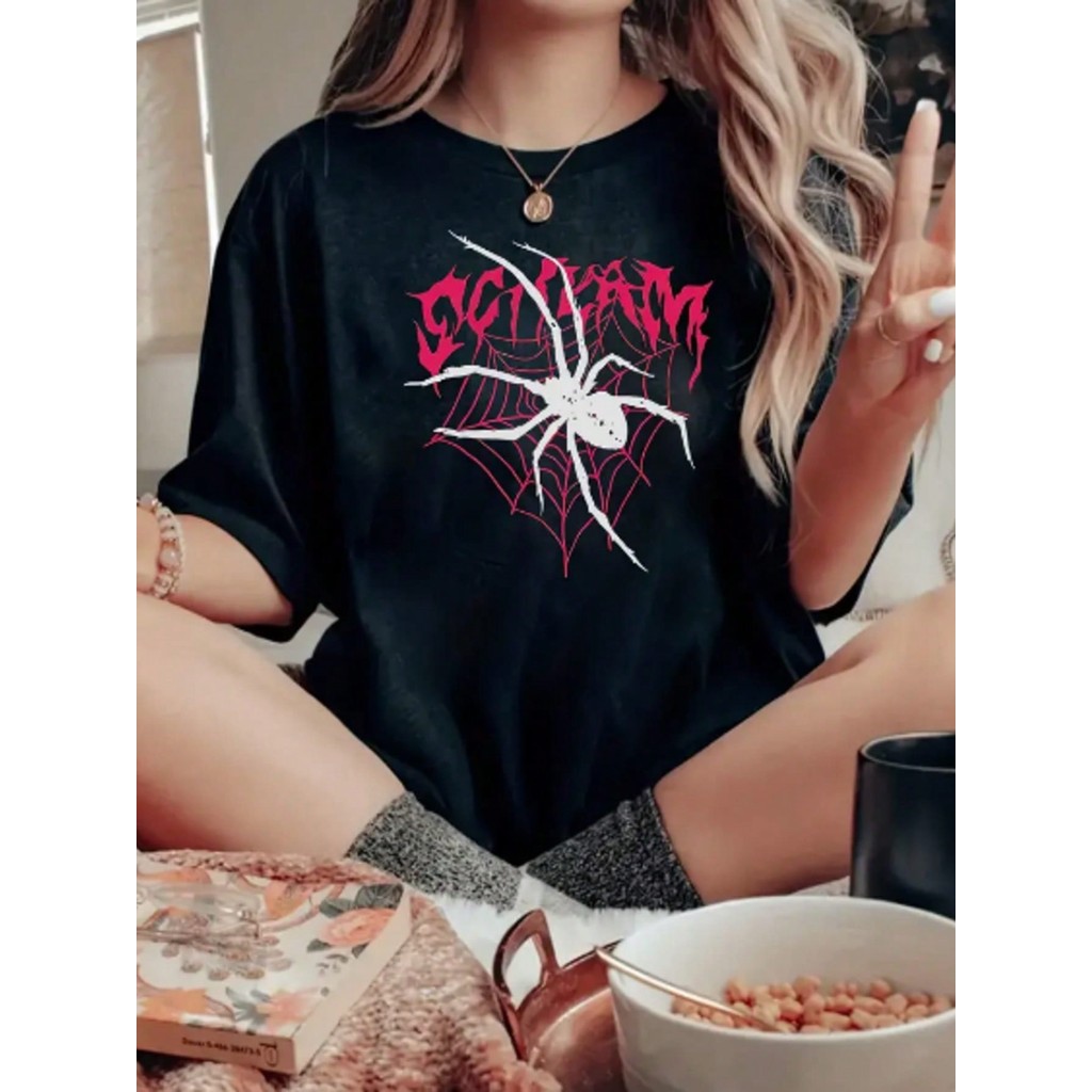 Camiseta Unissex Oversized Plus Size Feminina Masculina Ombro caído Streetwear aranha  Camisa Blogueira Style