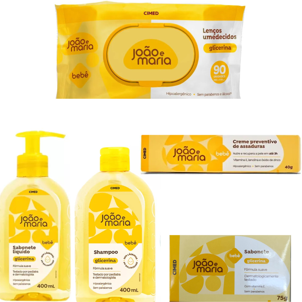 KIT C/ 5 ITENS JOÃO E MARIA SHAMPOO 400ML, SABONETE LÍQUIDO 400ML, SABONETE EM BARRA, LENÇO, POMADA