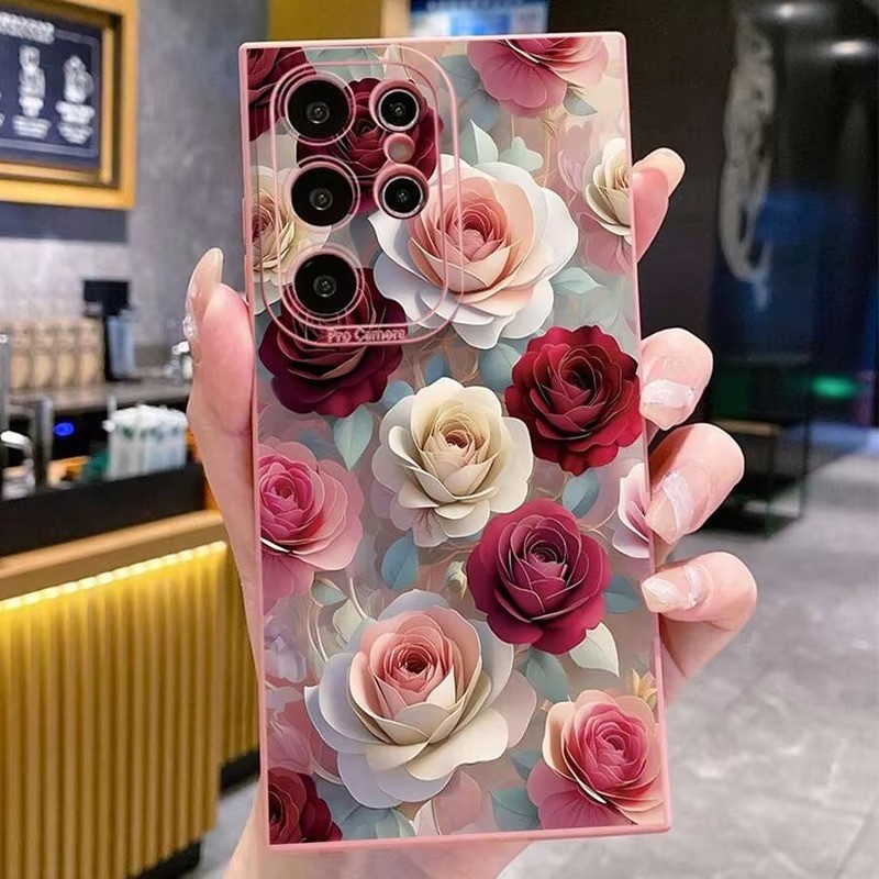 Rosa Floral Padrão Caso Para Samsung S25 S23 S22 S21 Ultra Plus S24 FE A15 A35 A54 A14 A06 A05 A55 A34 A16 A36 Capa