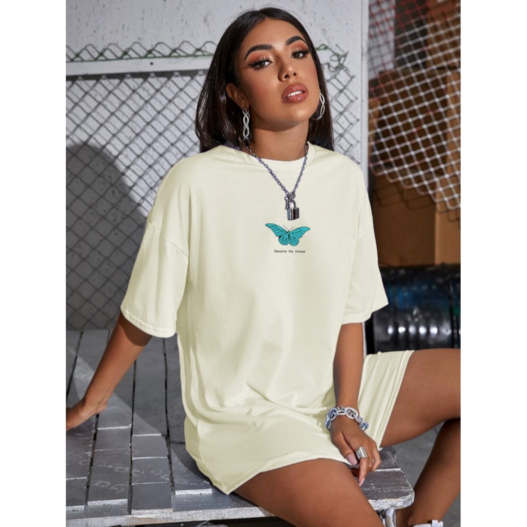 Camiseta Oversized Borboleta Larga Streetwear Camisa Estampada Minimalista Básica