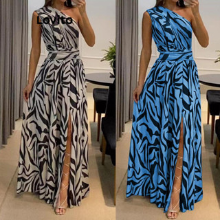 Lovito Elegante Vestido Feminino Listrado Assimétrico com Fenda Frontal LNL39131 (Azul/Preto)