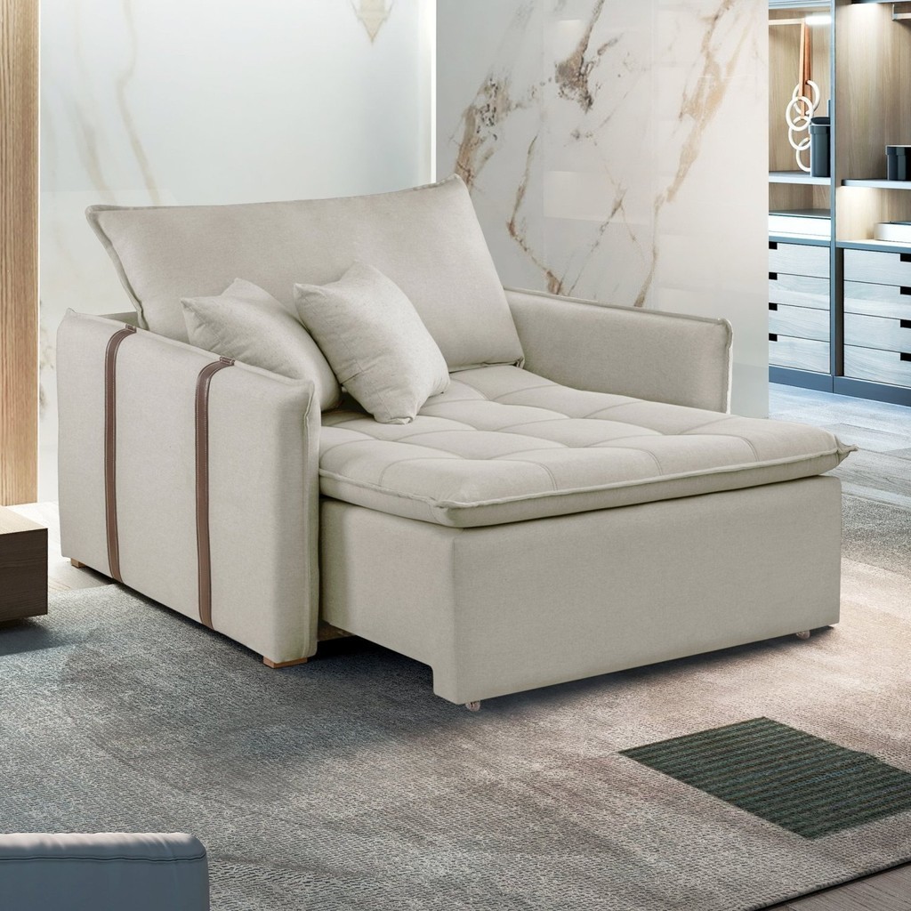 Poltrona Cama em Madeira Eucalipto 110 cm Detroid Yescasa Veludo   Bege Claro