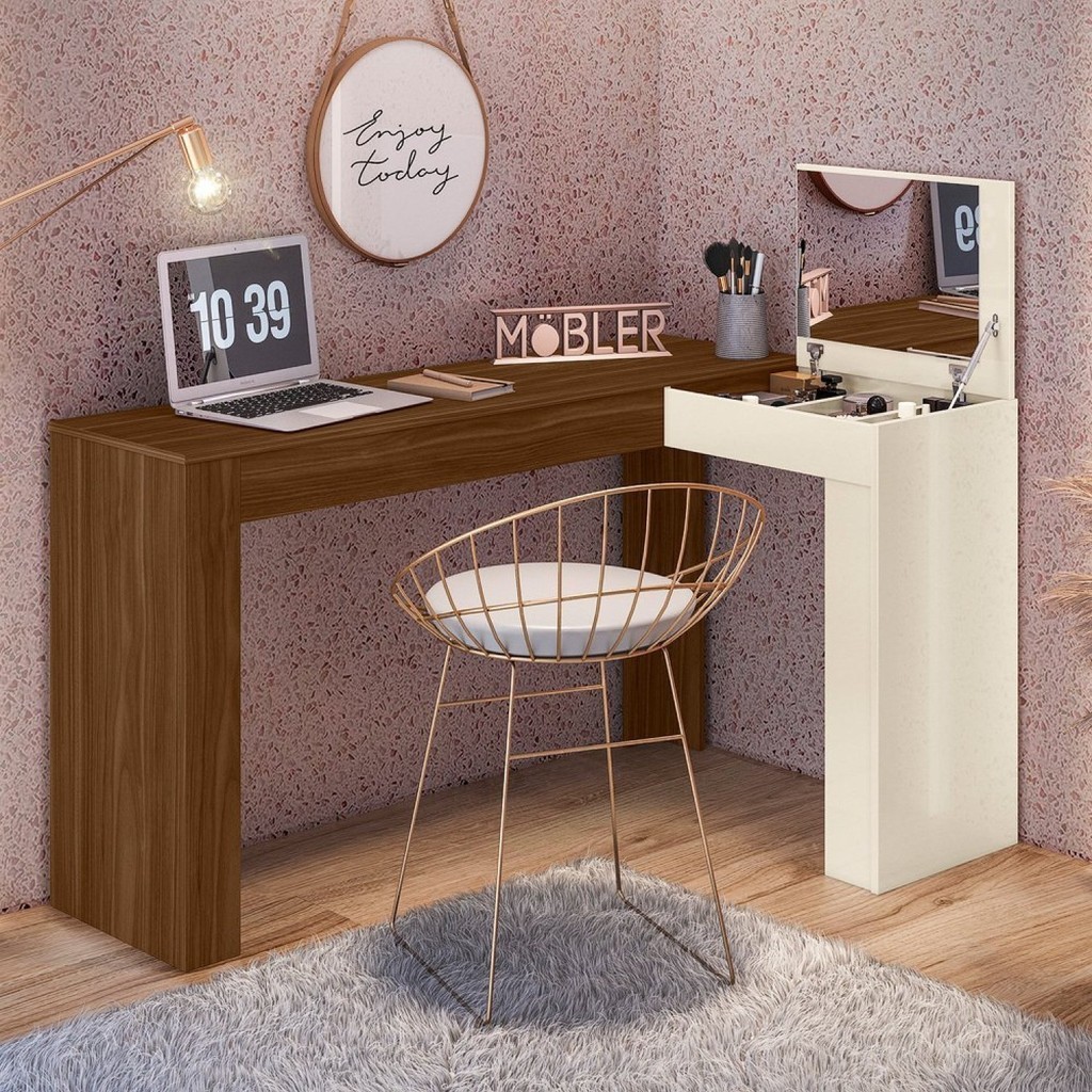 Escrivaninha Mesa Escritório Penteadeira em L Porta Objetos 135x82cm Jade Freijó/Off White em Oferta na Shopee