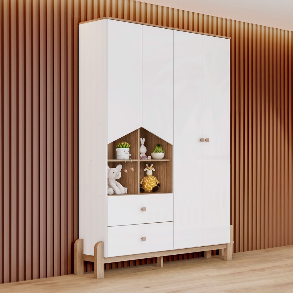 Guarda-Roupa Infantil Ternura 4 Portas 2 Gavetas Branco/Jequitibá - Henn - Home & Living