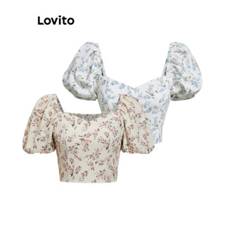 Lovito Casual Blusa Feminina Floral com Manga Bufante L67AD006 (Branca)