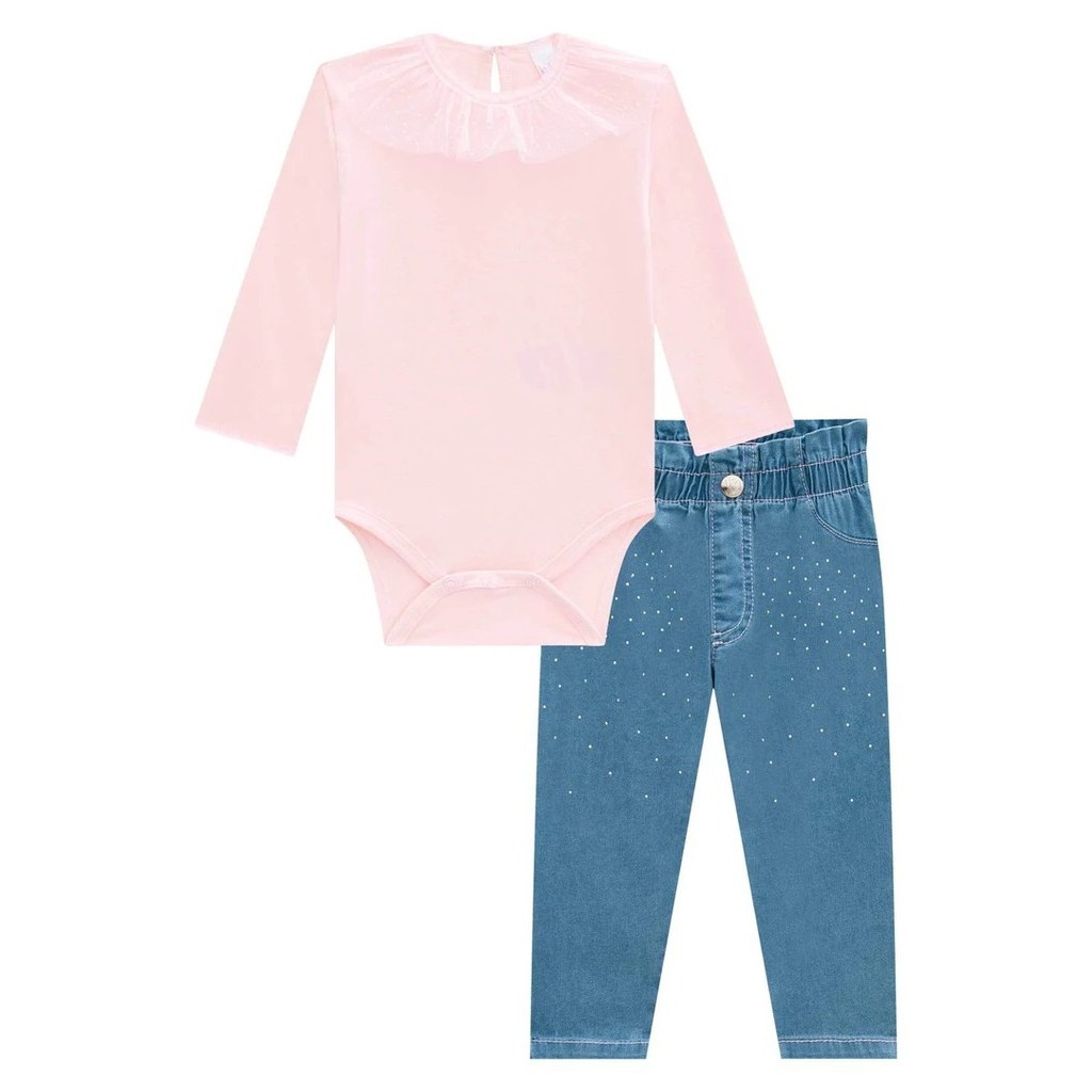 Conjunto Roupa Infantil Menina Body Cotton Manga Longa Babados e Calça Jeans Moda Inverno Kukiê