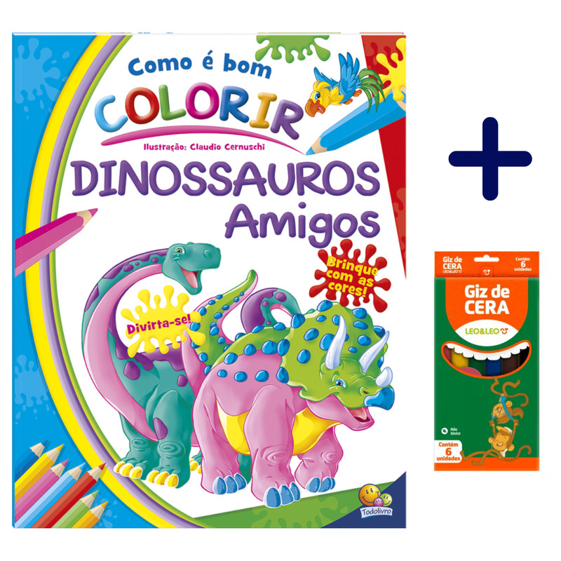 Livro Como é Bom Colorir! Dinossauros Amigos + Caixa de Giz de Cera SBN Crianças Filhos