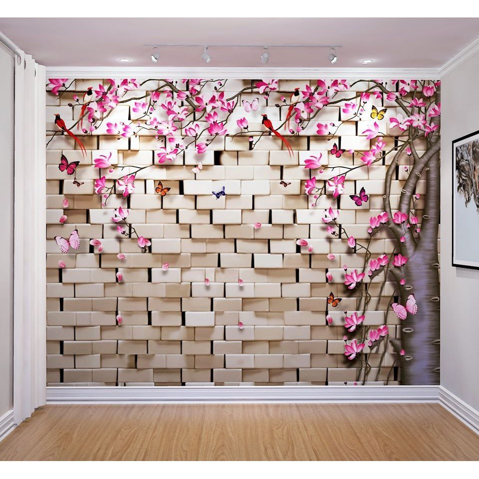 Adesivo 3D Tijolos e Árvore de Flores Adesivo Autocolante Quarto e Sala