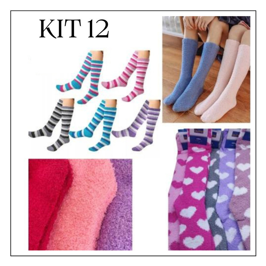 kit 3/6/12 Pares Meias Longa Felpuda de Lã Grossa Unissex Para Frio de Outono e Inverno Térmica Quente Luca