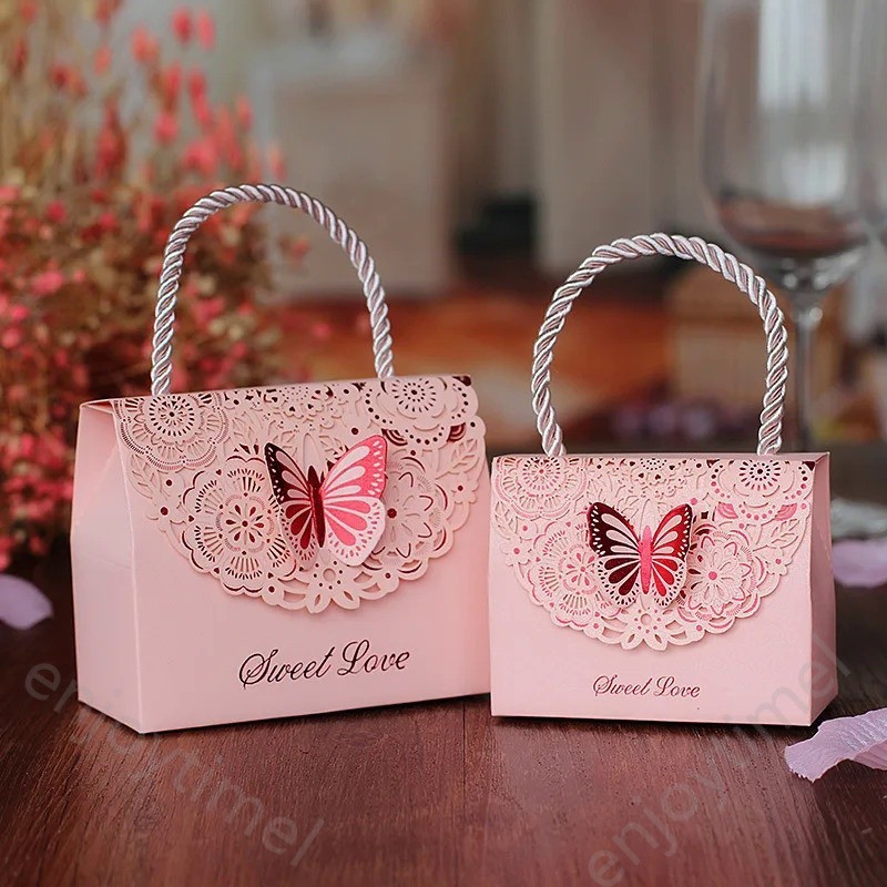 10Pcs Recorte Borboleta Caixa De Doces De Casamento Chocolate Party Gift Bag Baby Shower Gift Packaging Box Com Alça