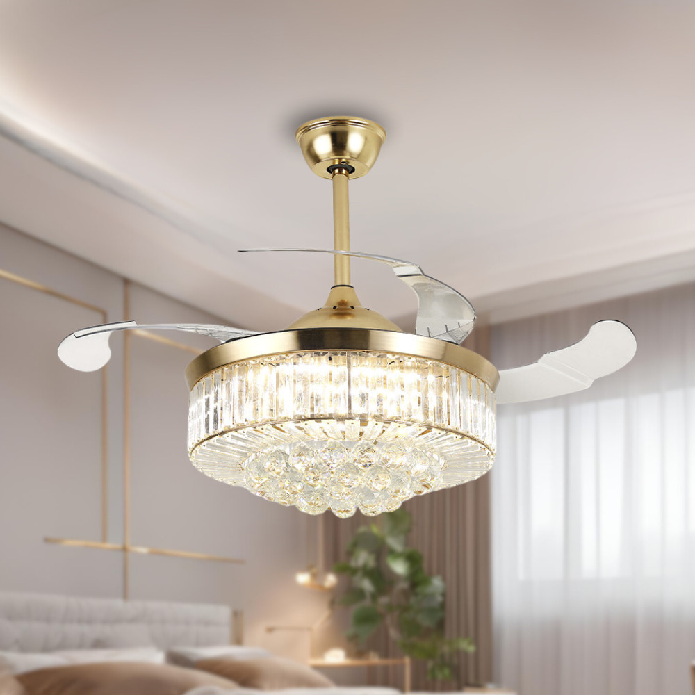 Ventilador De Teto Retrátil Air Cristal Dourado Lustre Led 30w Bivolt Opus Controle Remoto Moderno