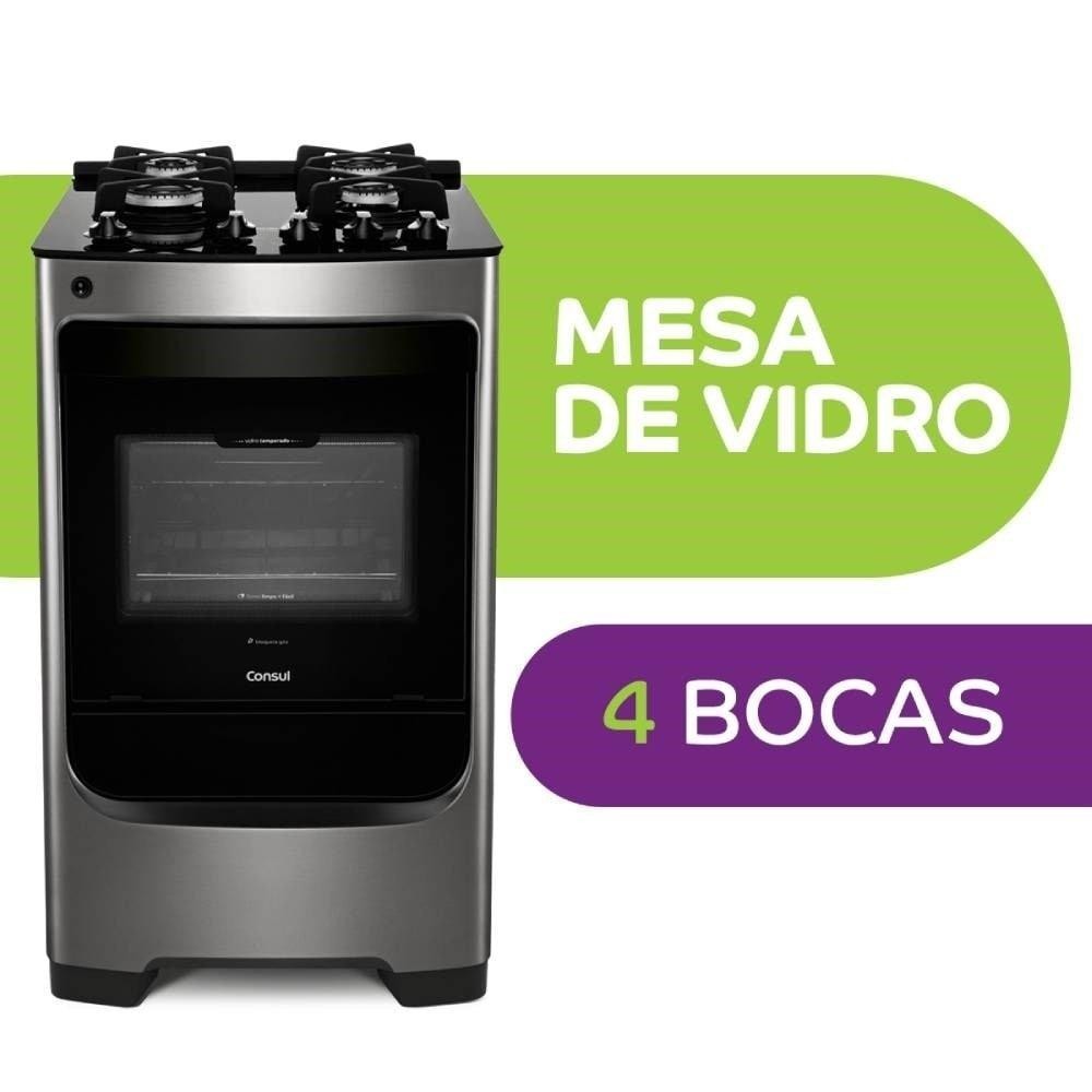 Fogão Consul 4 Bocas CFO4VAR | Trempe de Ferro Fundido, Mesa de Vidro, Acendimento Automático, Inox, Bivolt