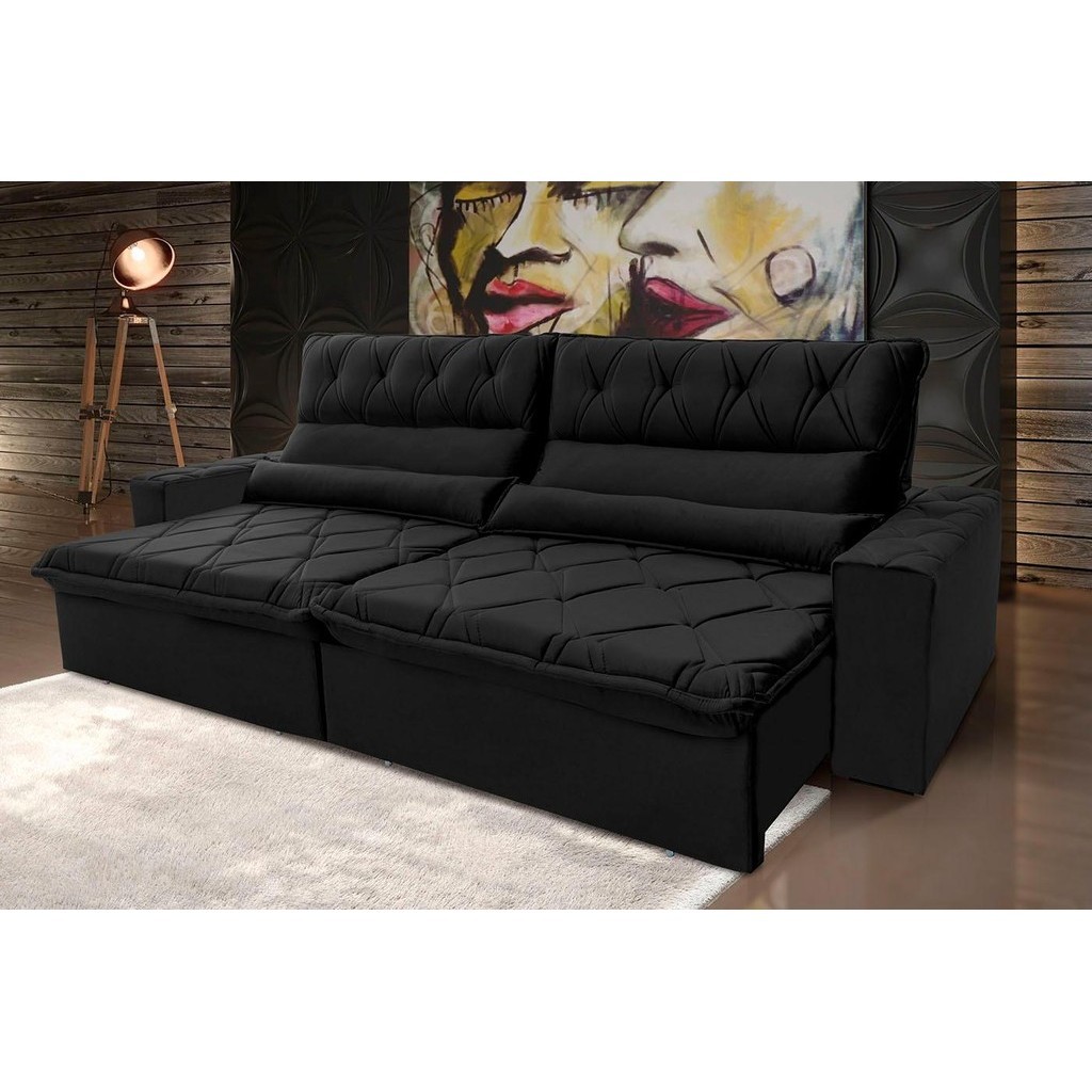 Sofá Retrátil Reclinável França 2,30m Suede Velut Preto  Molas no Assento - King House em Oferta na Shopee
