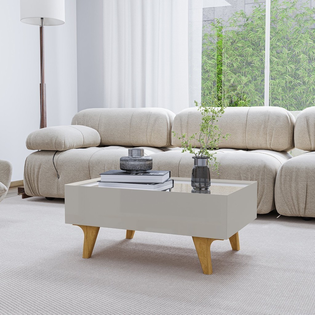 Mesa de Centro Decorativa em Mdf Sena Tampo em Espelho Gaveta com Corrediça Telescópica Off White - Home & Living