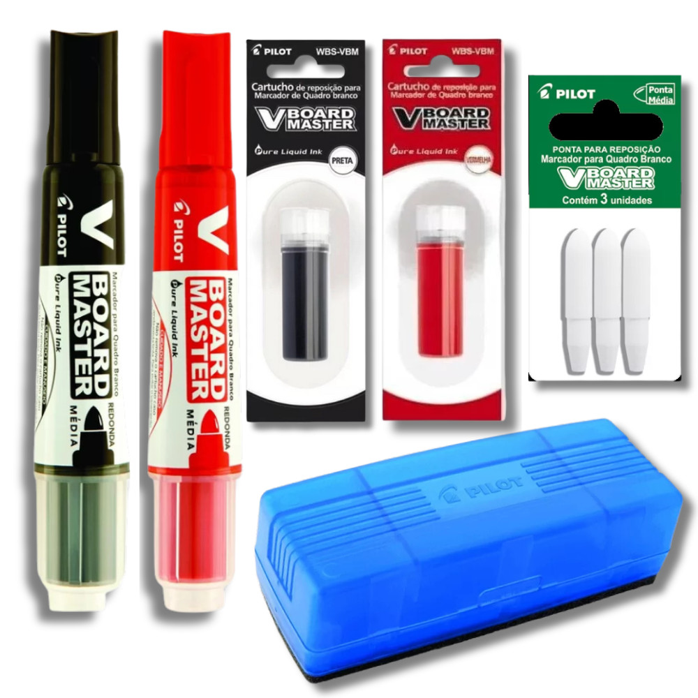 Kit 2 Marcadores Quadro Branco Recarregável + 2 Refil Marcador + Apagador + Refil de Ponta PILOT Preto e Vermelho