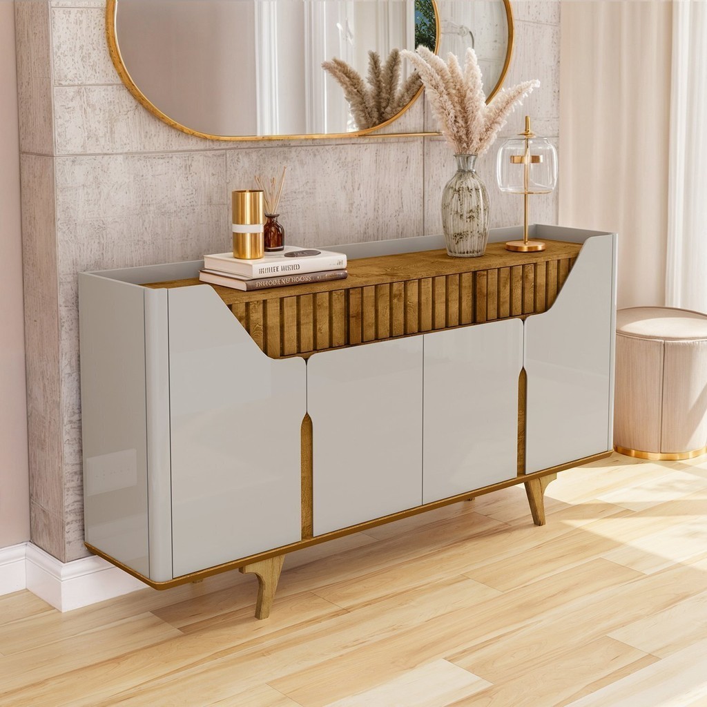 Aparador Buffet Portas em Mdf Ripado Real Pés de Madeira Maciça Danúbio Off White/Naturalle