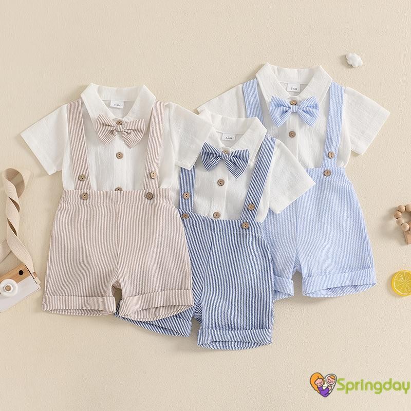 Conjunto Infantil De Manga Curta Sólida Para Meninos Com Shorts Listrados E Gravata Borboleta,0-18 Meses em Oferta na Shopee