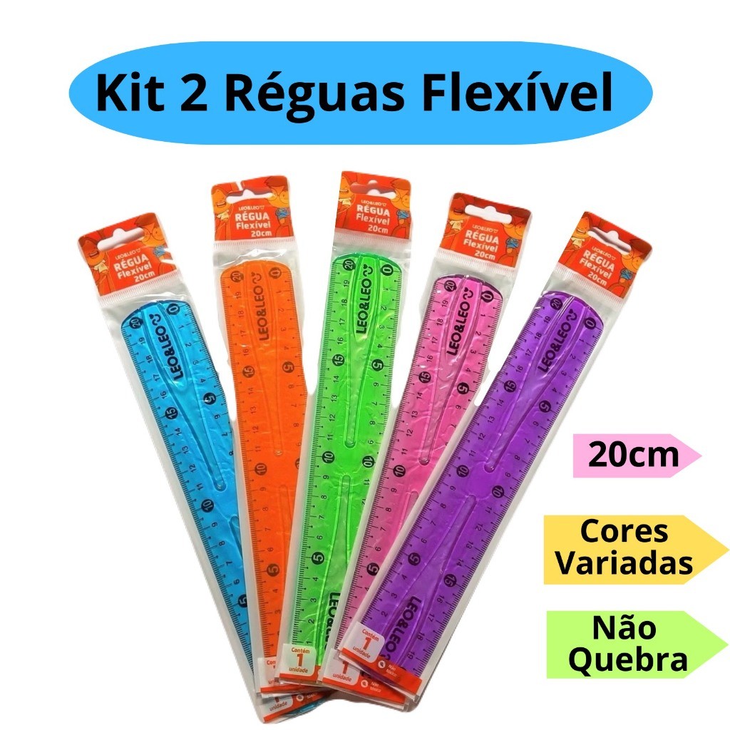 Kit 2 Régua Flexível 20cm Colorida Escolar - Leo&Leo