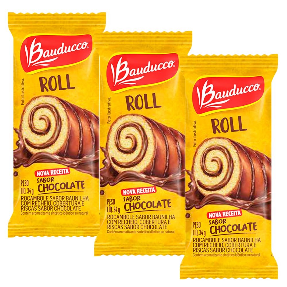Kit 3 Bolinho Bauducco Rocambole Chocolate 34g - Food & Beverages