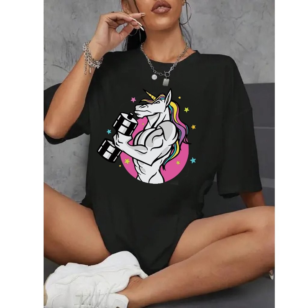 Camiseta Feminina Blusinha T Shit Fashion Algodão Plus Size Infantil Unicornio Academia Treino Musculação Over