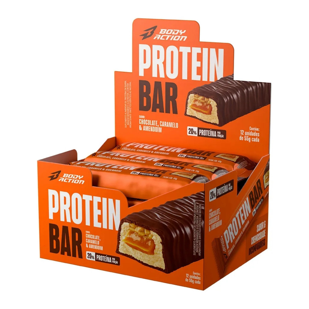 Protein Bar Caixa 12un de 55g Caramelo e Amendoim Bodyaction em Oferta na Shopee