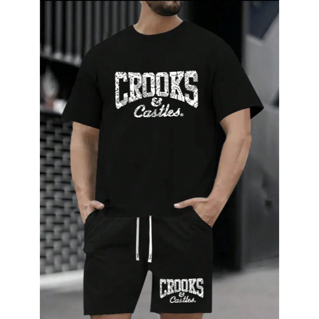 Conjunto Masculino CROOKS Estampada Kit Camiseta 100% Algodão + Short Tactel Masculino Moda Streetwear Kit 2 Peças