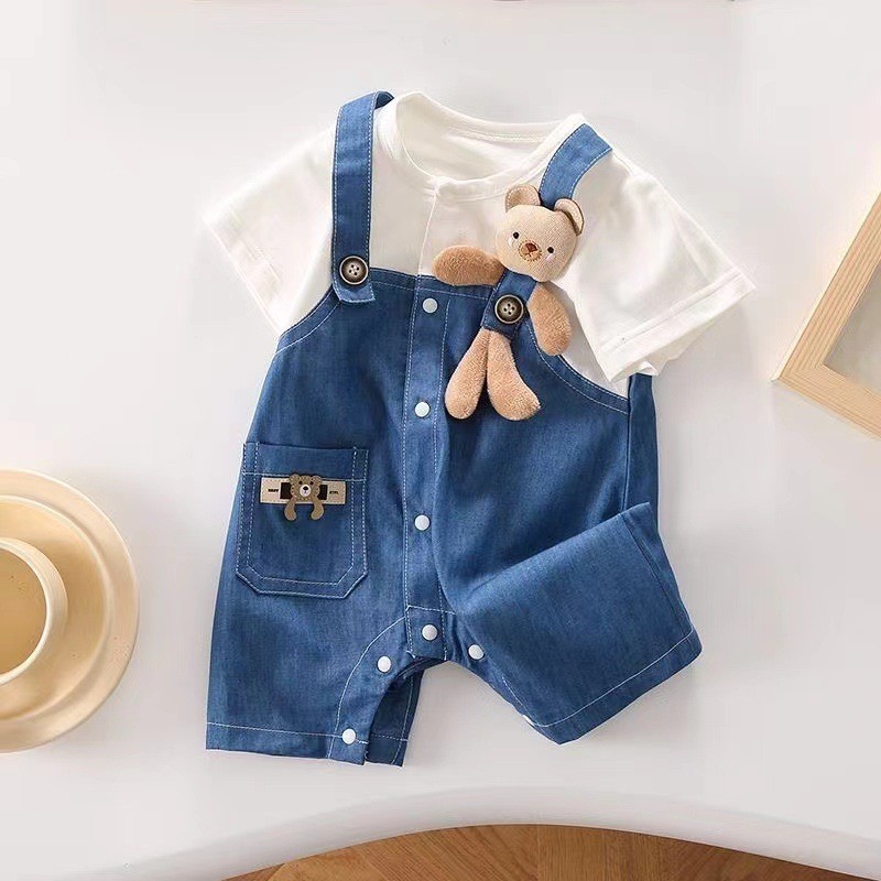 Baby boy Denim Short Sleeved Romper Recém-Nascido Summer Fashionable Strap Jumpsuit Cute A...
