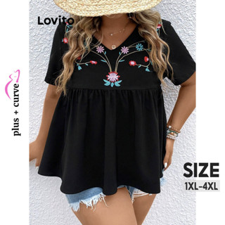 Lovito Plus Size Blusa Feminina Casual Floral com Bordado e Bainha de Babados LBL09177