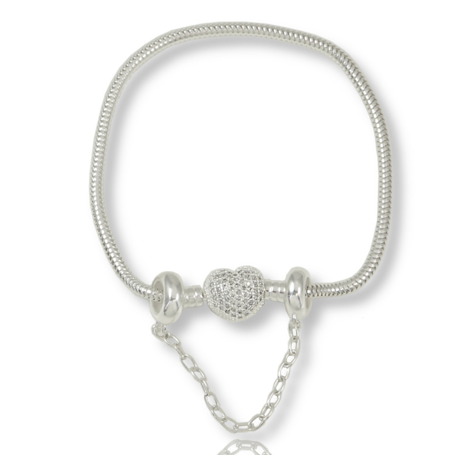 Pulseira  P/ Berloque Trava Fecho Coração Cravejada Prata925
