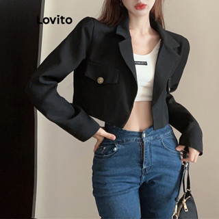 Lovito Casual Blazer Feminino Liso com Bolso Falso LNA35098 (Preto)